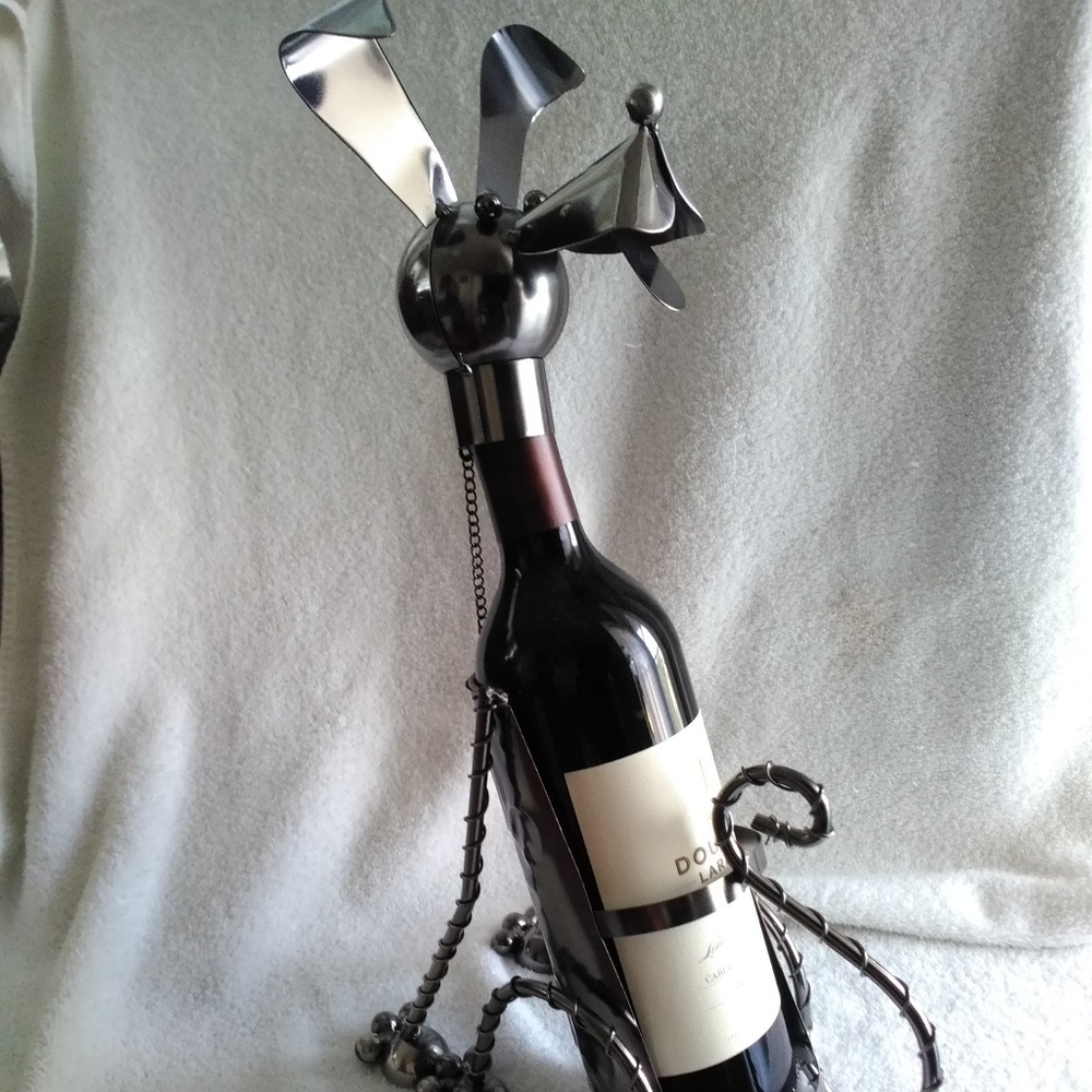 Metallic Puppy Themed Wine Holder dark tin colored
